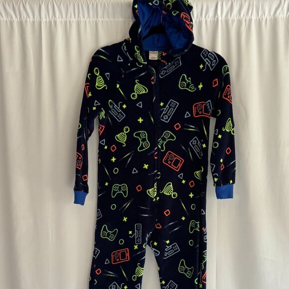 Kids Navy Blue Gaming Print One Piece fleece pajamas M 8/10 - 371 - Picture 3 of 6
